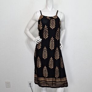 Lapogee Black Gold Feather Print Whimsigoth Bohemian Sheath Midi Dress Size L